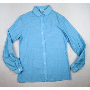 VINTAGE 70s WOMEN'S BLUE BUTTON-UP TOP - PETER PAN COLLAR - HUK-A-POO - SIZE 9